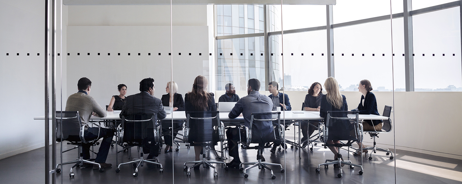 11 smartly-dressed young people sitting at a long table in a modern board room with a glass wall