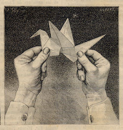 Antique print of two hands with origami bird