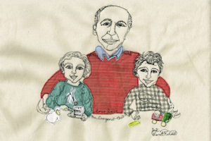 A stitched image of a bald man with his arms around two small children