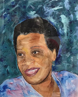 Head and shoulders watercolour portrait of short-haired smiling woman, looking to one side