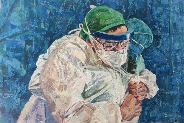 Oil painting of two NHS staff in PPE hugging one another