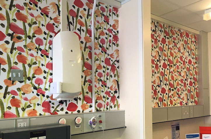 Wall painting of naive poppies on a clinic room wall