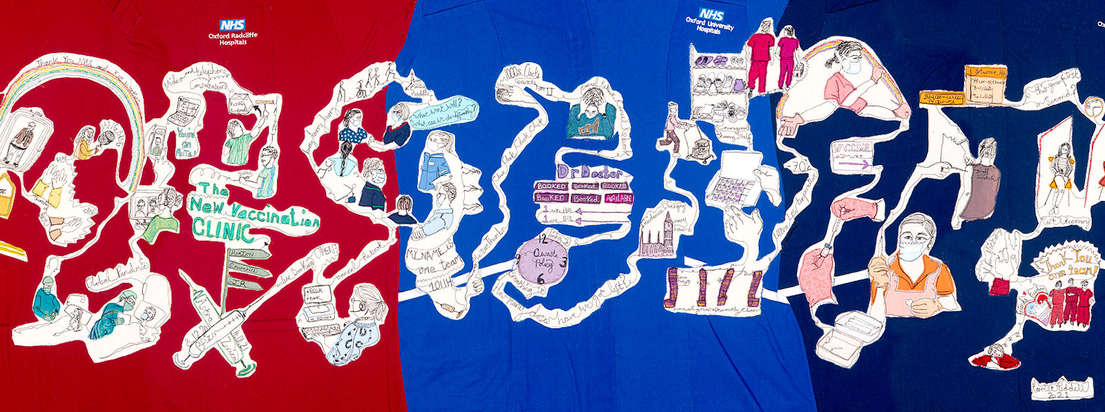 Naive images of vaccination clinics embroidered onto NHS staff uniforms.
