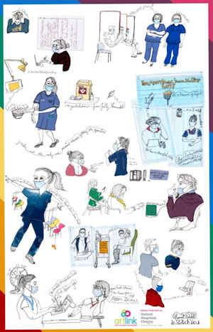 Tea towel with multiple naive images of vaccination clinics embroidered on it.
