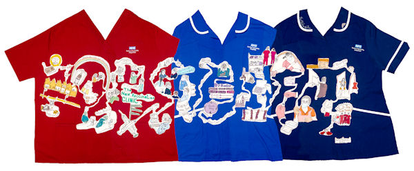 Naive images of vaccination clinics embroidered onto three NHS staff uniform shirts.