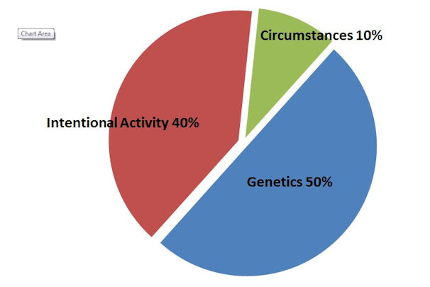 Pie chart with three sections: Genetics 50%: Circumstances 10 %: Intentional activity 40%