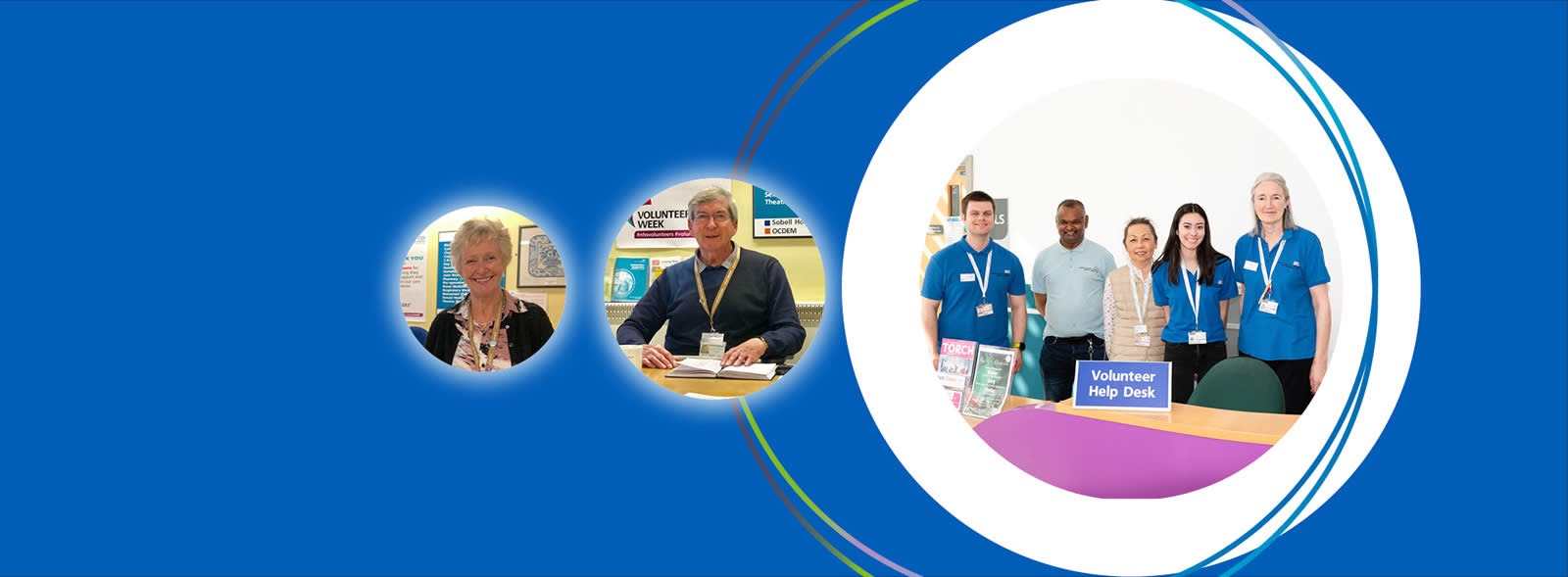 Three photographs: a smiling woman, man, and five smiling people behind a Volunteer Help Desk