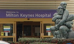 Entrance and sculpture outside Milton Keynes Hospital