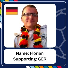 Florian, smiling, with caption 'Name: Florian; Supporting: GER'.