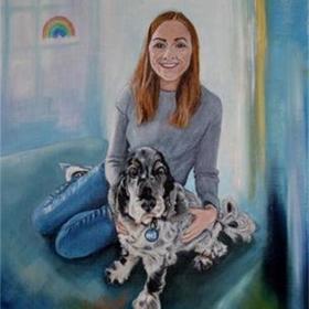 Artwork of person holding dog with NHS tag. Rainbow picture in background.