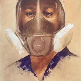 Painting of a clinician wearing face PPE