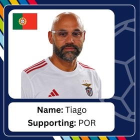 Bald bearded man in glasses and football shirt, with caption 'Name: Tiago; Supporting: POR'.