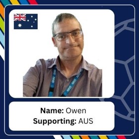 Smiling man in glasses, shirt and lanyard, with caption 'Name: Owen; Supporting: AUS'.