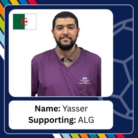 Smiling young bearded man in shirt and sweatshirt with caption 'Name: Yasser; Supporting: ALG'.