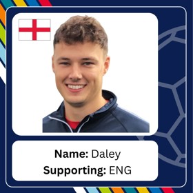 Smiling young man in tracksuit top, with caption 'Name: Daley; Supporting: ENG'.