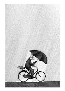 Monochrome side view of dog with umbrella, riding a bicycle.