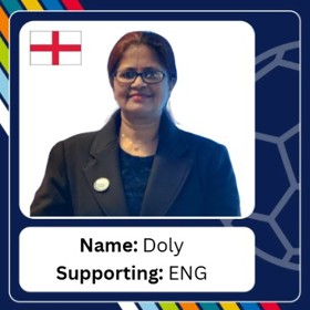 Smartly dressed woman in jacket and glasses, with caption 'Name: Doly; Supporting: ENG'.