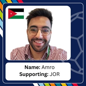 Smiling young man in striped shirt and glasses, with caption 'Name: Amro; Supporting: JOR'.