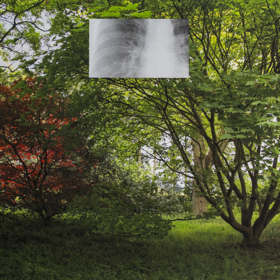 Photograph of English garden with small rectangular lung X-Ray image superimposed in the middle of the top half.