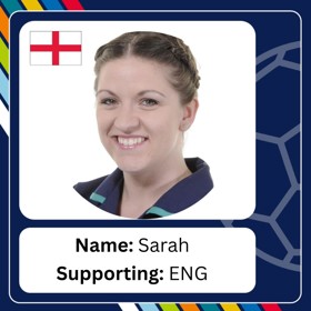Young smiling woman in nurse's uniform with caption 'Name: Sarah; Supporting: ENG'.