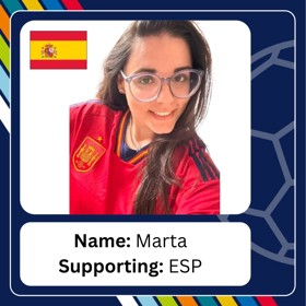 Young smiling woman with long hair and enormous glasses, wearing football shirt, with caption 'Name: Marta; Supporting: ESP'.