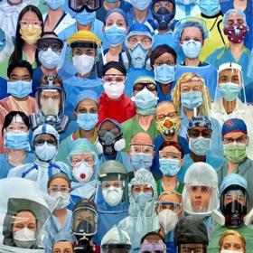 Artwork of multiple clinicians wearing PPE.