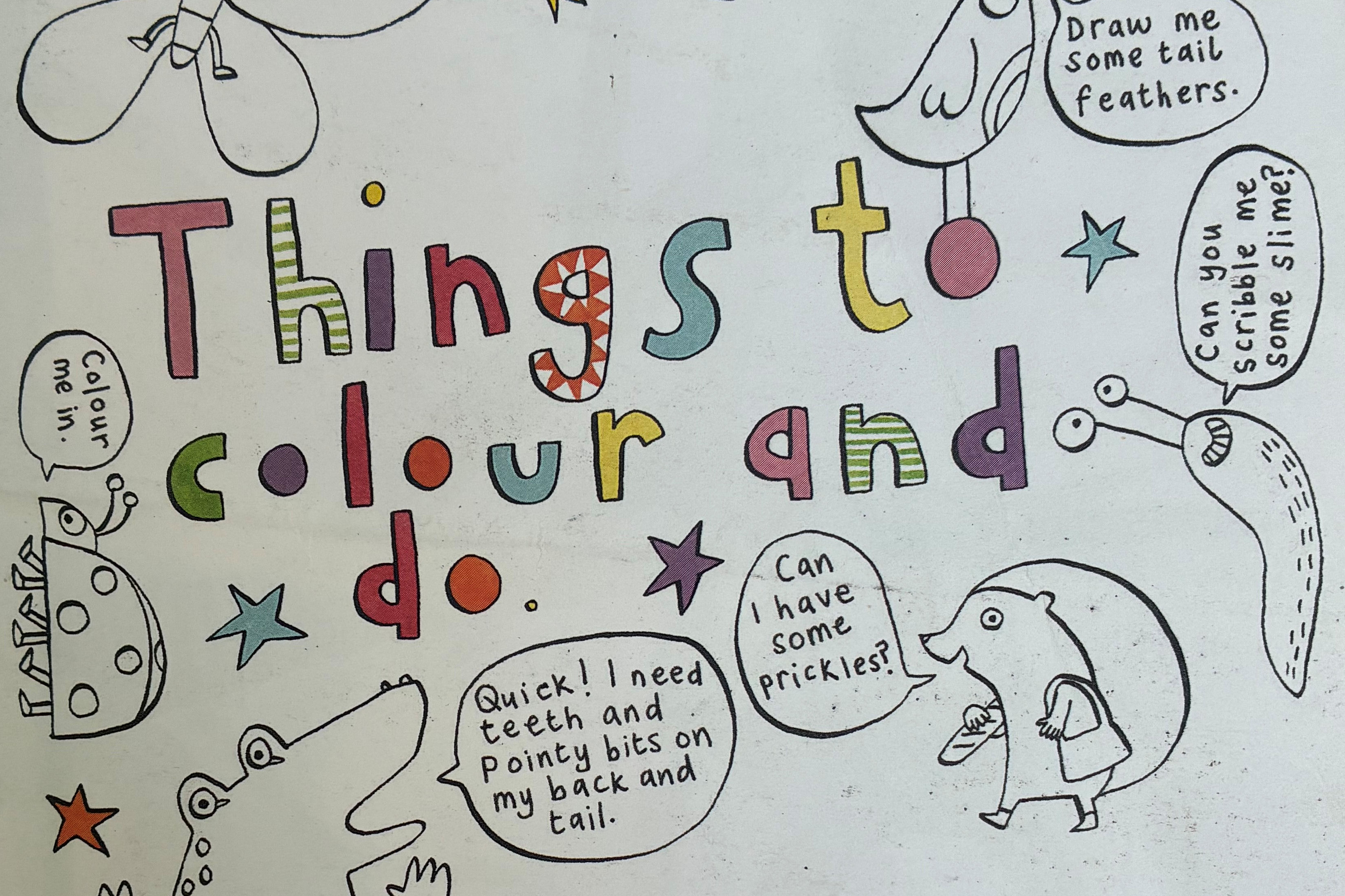 Part of a colouring book page with cartoon animals and text 'Things to colour and do'