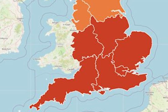 Map of southern England with six regions coloured red.