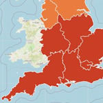 Map of southern England with six regions coloured red.