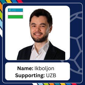 Smiling young bearded man in open-necked shirt and jacket, with caption 'Name: Ikboljon; Supporting: UZB'.