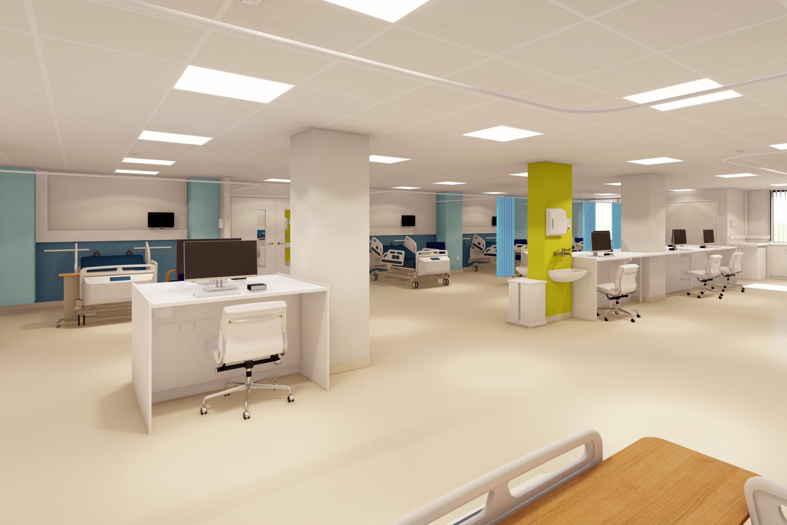 CGI of a modern hospital ward with bed bays, clinical workstations and patient care areas.