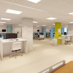 CGI of a modern hospital ward with bed bays, clinical workstations and patient care areas.