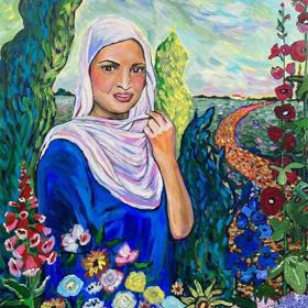 Painting of person wearing headscarf and blue dress, surrounded by flowers and trees.