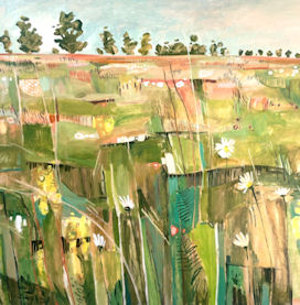 Painterly representation of wildflower field with trees on horizon