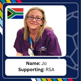 Smiling woman in NHS uniform and rainbow lanyard, with caption 'Name: Jo; Supporting: RSA'.