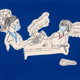 Stitched artwork: two nurses wearing face masks sit facing one another, one types on a laptop computer.