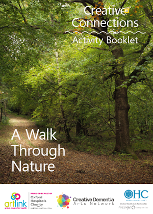 Smart brochure cover with heading 'Creative Connections Activity Booklet - A Walk Through Nature' and forest path photograph. artlink logo and other logos in footer.