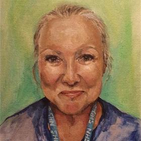 Painting of clinician with NHS lanyard.