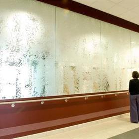 Large mirrored panels that have been etched and sandblasted.