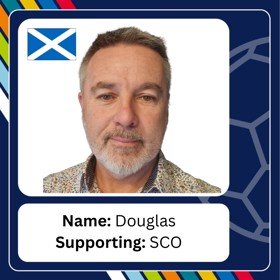 Bearded man in floral shirt, with caption 'Name: Douglas; Supporting: SCO'.