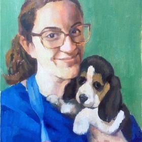 Painting of clinician holding dog.