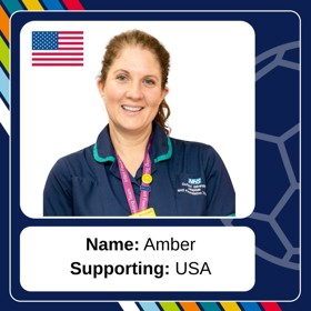 Smiling woman in NHS uniform and lanyard, with caption 'Name: Amber; Supporting: USA'.