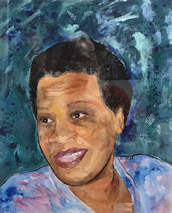 Roughly painted watercolour portrait of smiling woman of colour