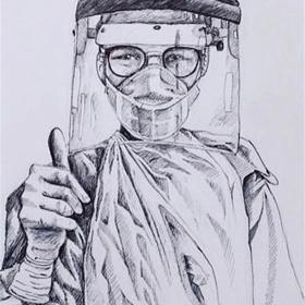 Drawing of clinician giving thumbs up whilst wearing full PPE.