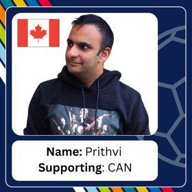 Young dark-haired man in hoody with caption 'Name: Prithvi; Supporting: CAN'.