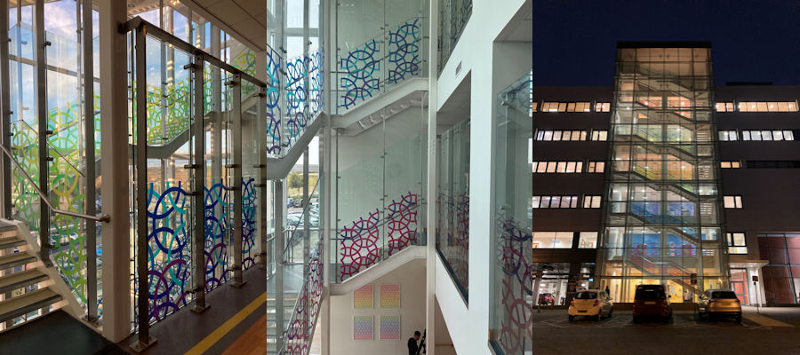 Three images; a landing, a view of stairs from the side, and the glass exterior of the building.
