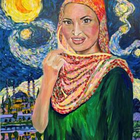 Painting of person wearing headscarf and green dress. Backdrop of night sky and buildings.