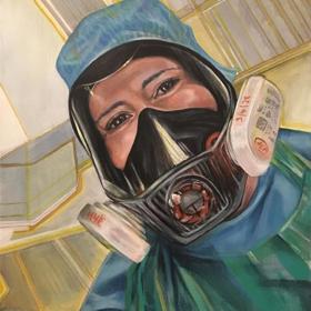 Artwork of medical person in full-face PPE.