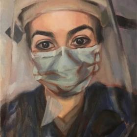 Painting of clinician wearing mask and visor.