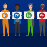 Six cartoon people holding placards with symbols on them